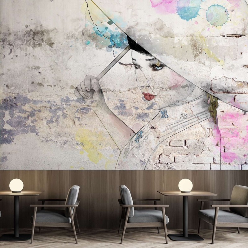 Fototapete - Geisha Regenschirm Beton Mauer | Feeby