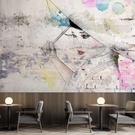 Fototapete - Geisha Regenschirm Beton Mauer | Feeby