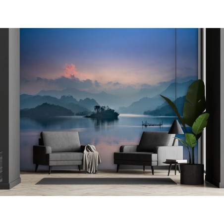 Fototapete - Blick auf den See und die Berge im Nebel | Feeby