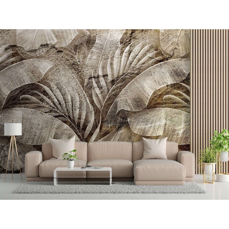 Fototapete - Tropische Blätter auf Beton imitierender Textur | Feeby