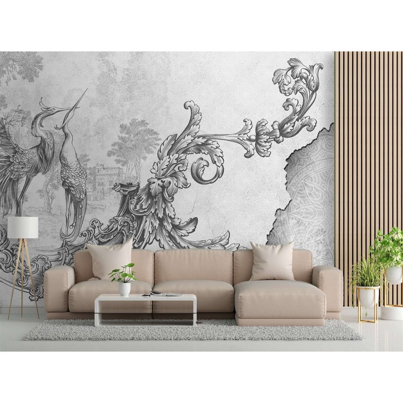 Fototapete - Wildvögel und Blätter auf einem orientalischen Fresko schwarz-weiß | Feeby