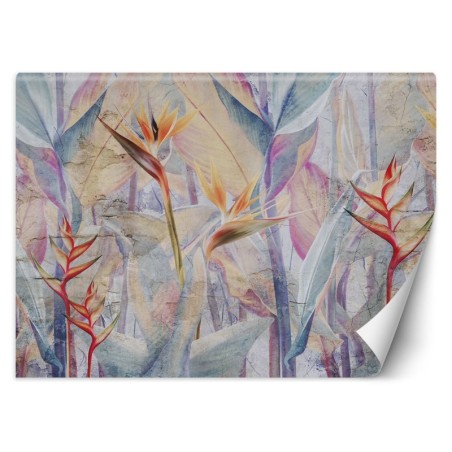 Fototapete - Pastellfarbene Blätter auf einem Hintergrund der Beton imitiert | Feeby