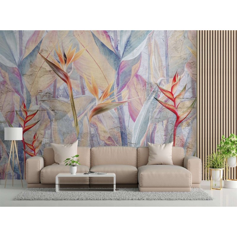 Fototapete - Pastellfarbene Blätter auf einem Hintergrund der Beton imitiert | Feeby