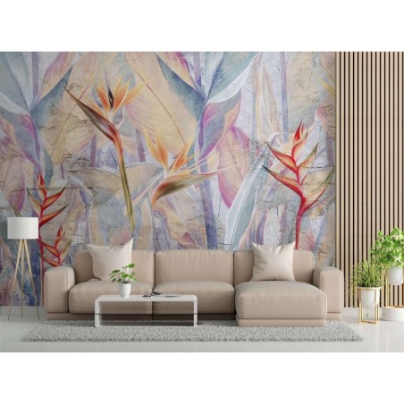 Fototapete - Pastellfarbene Blätter auf einem Hintergrund der Beton imitiert | Feeby