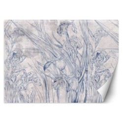 Fototapete - Blaue Umrisse von Blättern und Blumen | Feeby