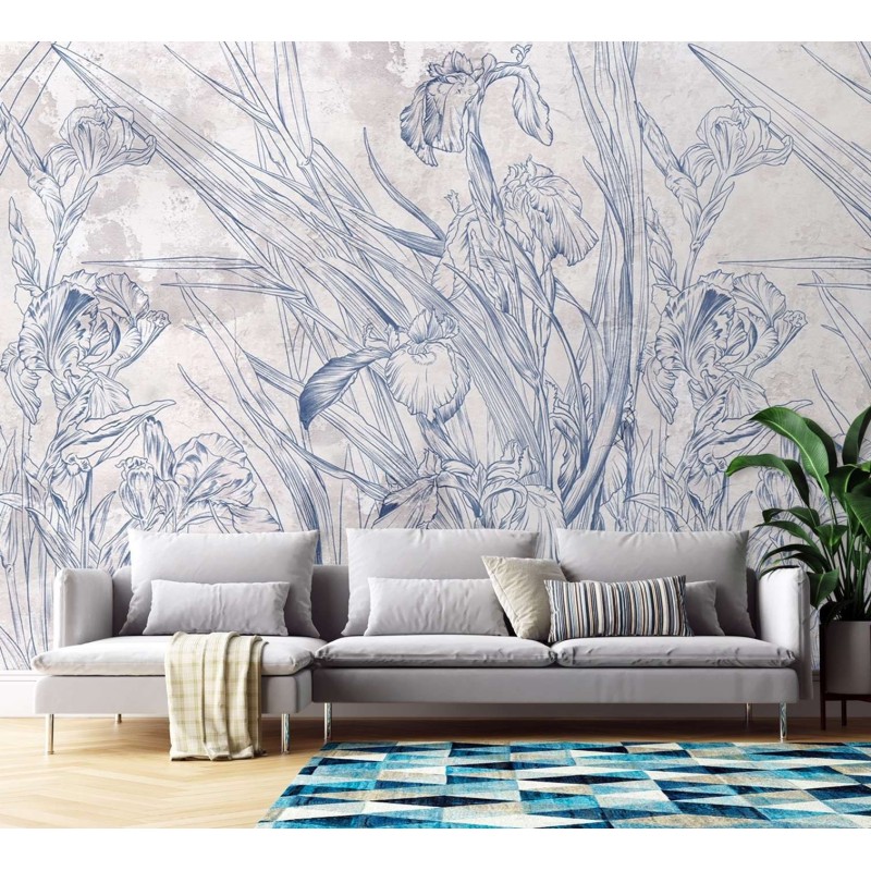 Fototapete - Blaue Umrisse von Blättern und Blumen | Feeby
