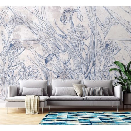 Fototapete - Blaue Umrisse von Blättern und Blumen | Feeby