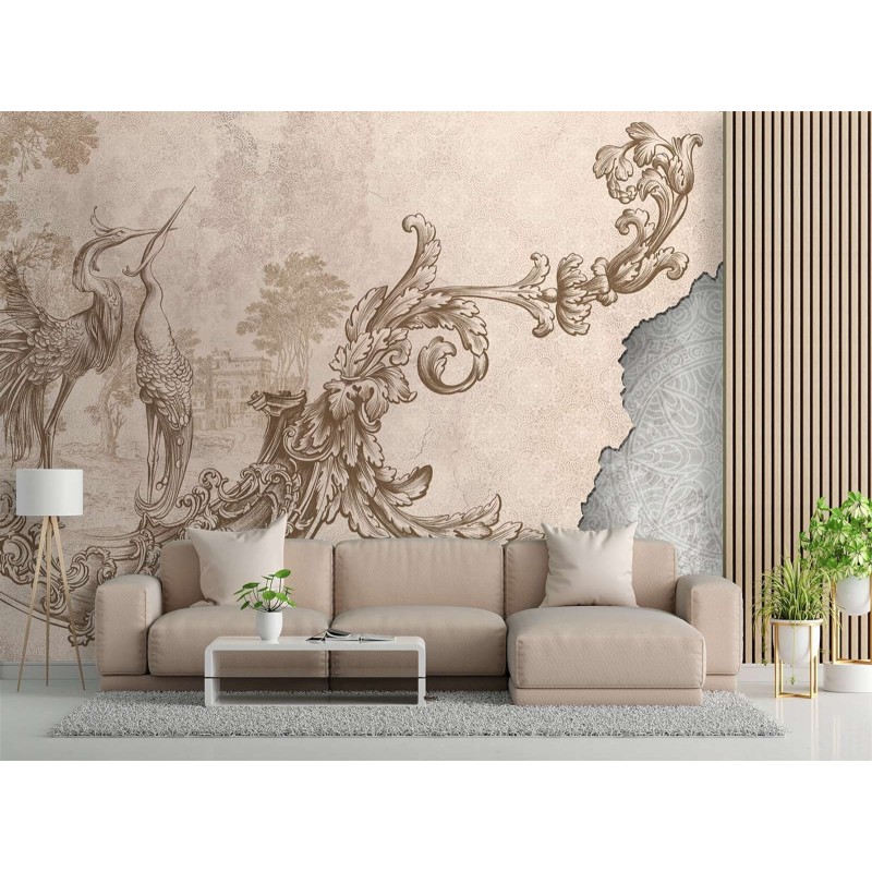 Fototapete - Wildvögel und Blätter auf einem Fresko | Feeby