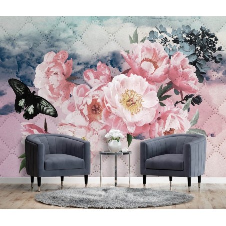 Moderne Fototapete - Pfingstrose und Schmetterling | Feeby