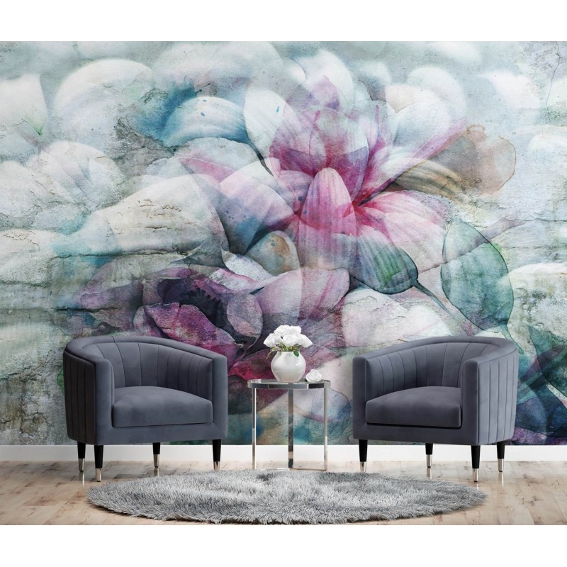 Fototapete - Pastellblätter - Aquarellabstraktion auf Beton | Feeby