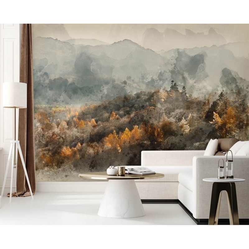 Fototapete - Herbstwald in Nebel gehüllt - Aquarellabstraktion | Feeby