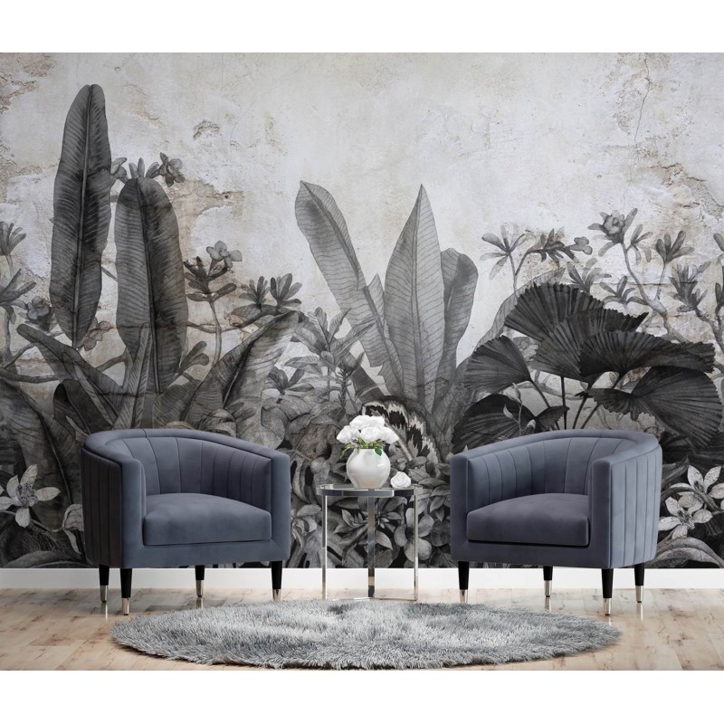 Fototapete - Schwarze und weiße tropische Blätter auf Beton | Feeby