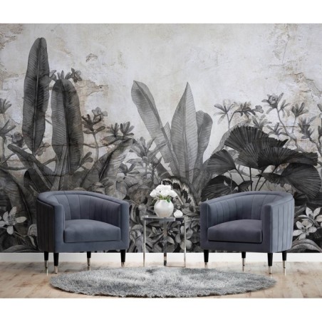 Fototapete - Schwarze und weiße tropische Blätter auf Beton | Feeby