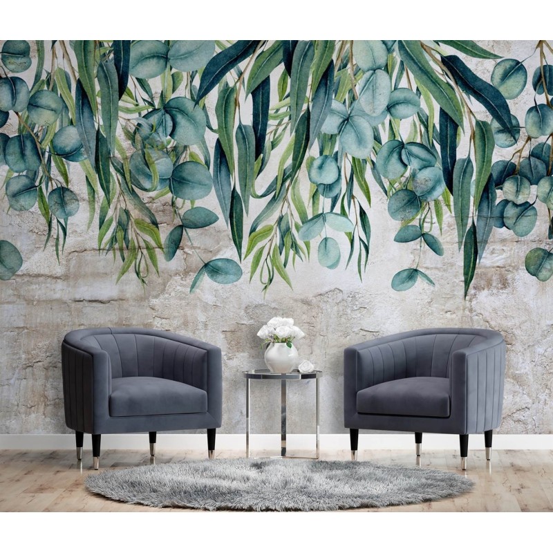 Fototapete - Hängende Blätter auf Beton | Feeby