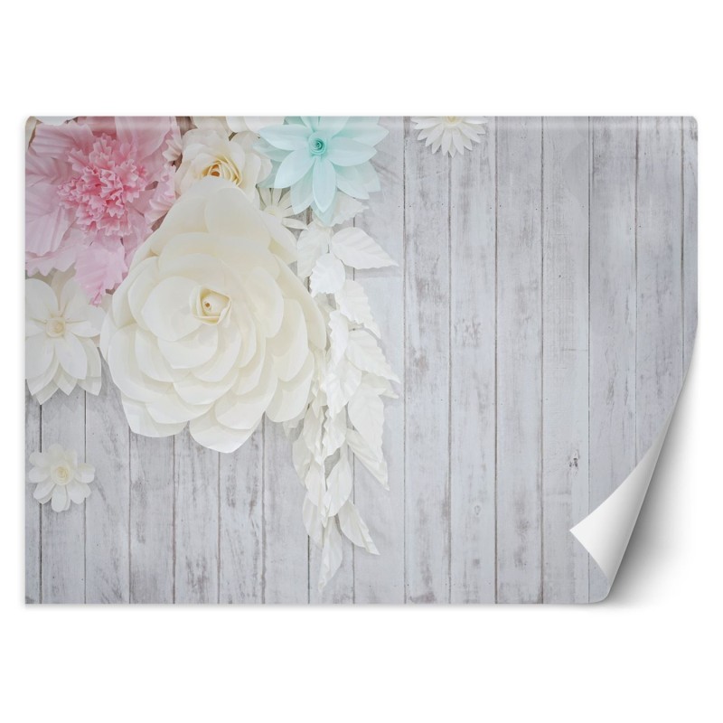 Moderne Fototapete - Holz und Blumen | Feeby