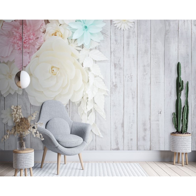 Moderne Fototapete - Holz und Blumen | Feeby