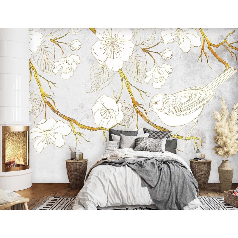 Modische Fototapete - Vogel und Blumen | Feeby