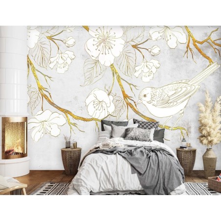Modische Fototapete - Vogel und Blumen | Feeby