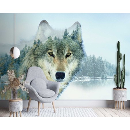 Fototapete - Wolf auf einem Waldhintergrund | Feeby