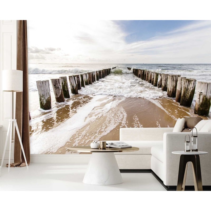 Fototapete - 3D Strand Meerblick Wellenbrecher | Feeby