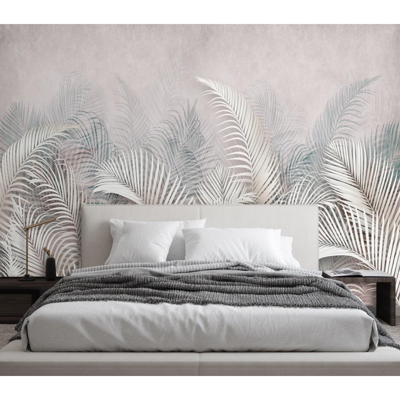 Fototapete - Palmenblätter Beton Grau 3D | Feeby