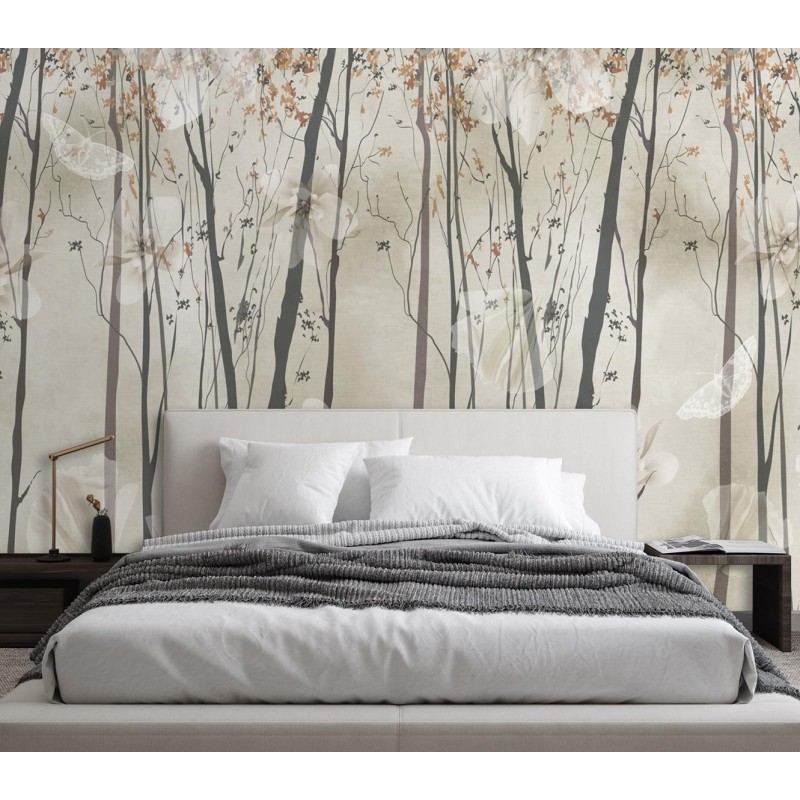 Fototapete - Bäume Blumen und Schmetterlinge | Feeby