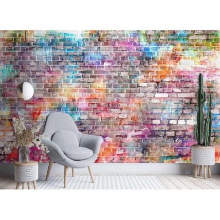 Moderne Fototapete - Bunte Ziegel Steinwand Mauer | Feeby