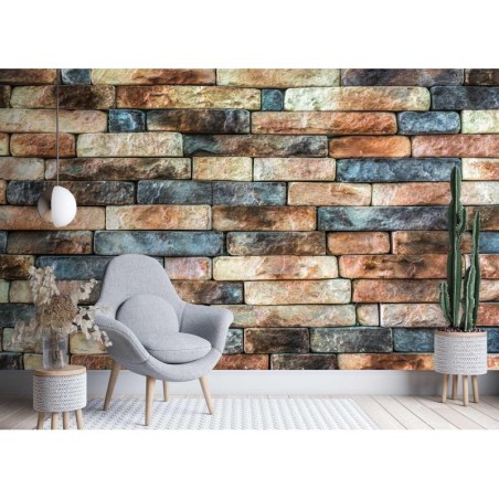 Fototapete - Bunte Ziegel Steine Mauer | Feeby
