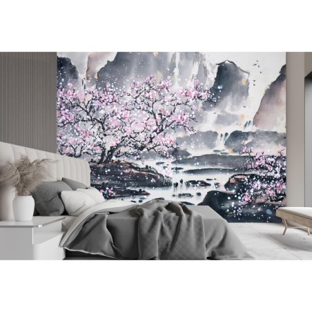 Fototapete - Kirschblüte auf einem Berg Hintergrund | Feeby