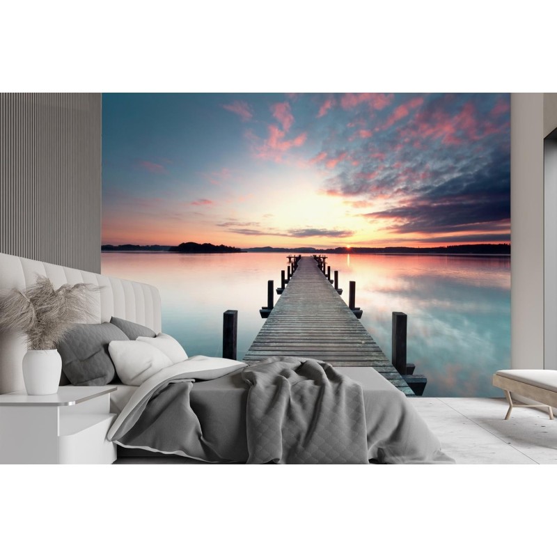 Fototapete - Brücke Steg See Sonnenuntergang | Feeby
