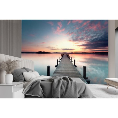 Fototapete - Brücke Steg See Sonnenuntergang | Feeby