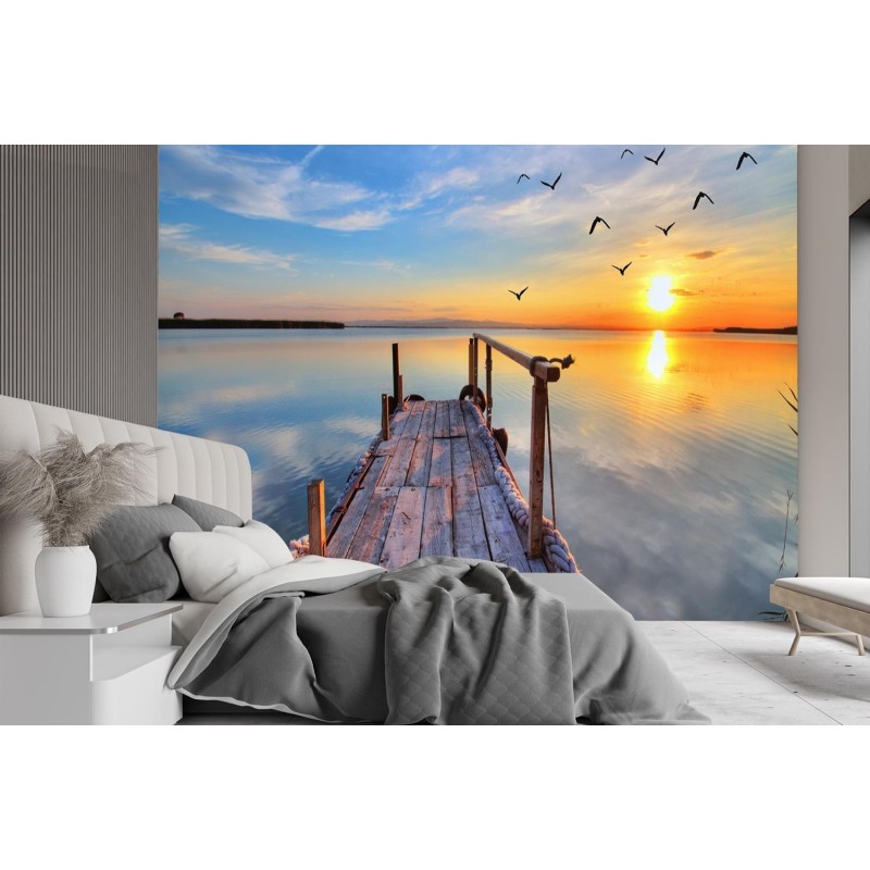 Stilvolle Fototapete - Steg See Sonnenuntergang | Feeby