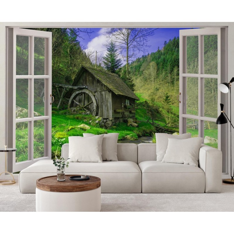 Fototapete - Fenster - Blick auf eine Hütte im Wald | Feeby