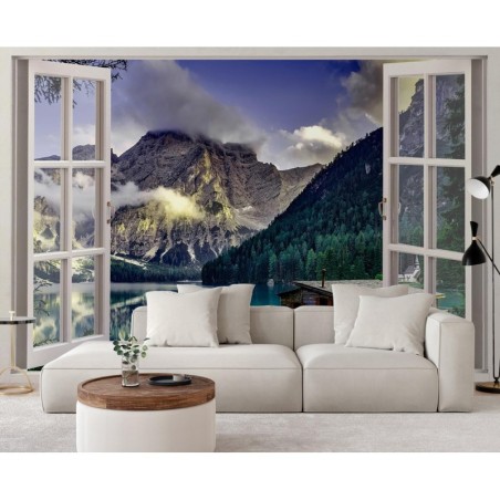 Fototapete - Fensterblick See in den Bergen Natur | Feeby