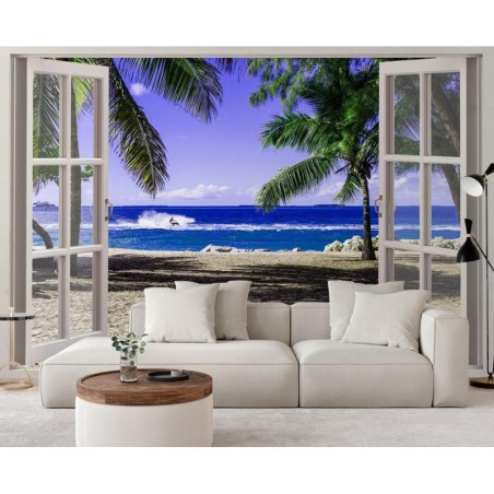 Fototapete - Fenster mit Blick auf einen tropischen Strand | Feeby