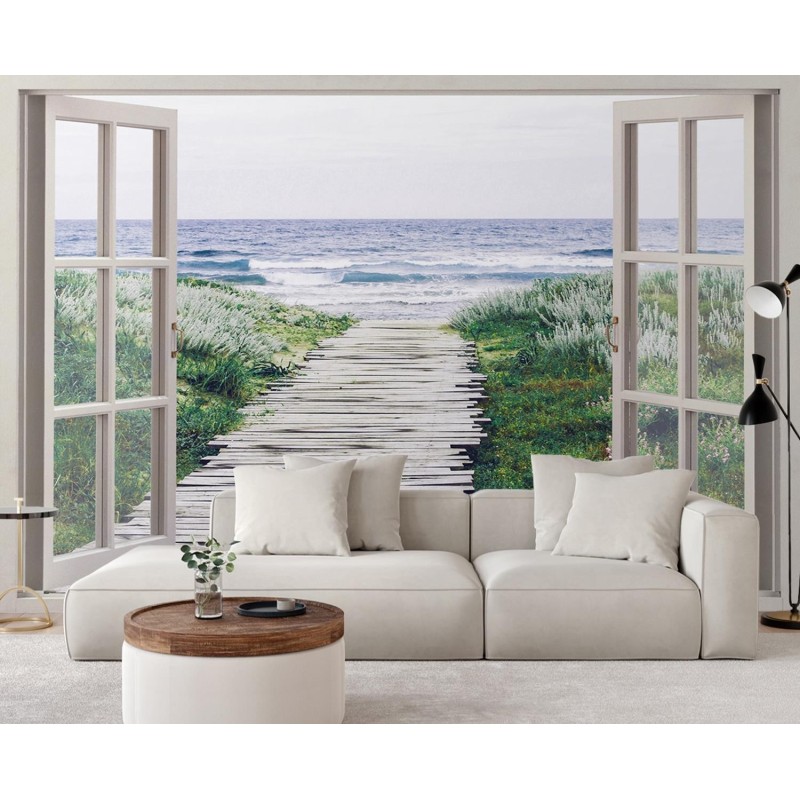 Fototapete - Fensterblick Steg zum Strand | Feeby