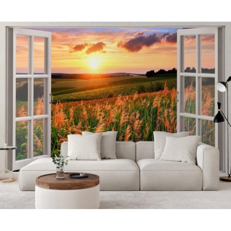Fototapete - Fenster - Blick auf den Sonnenuntergang über der Wiese | Feeby