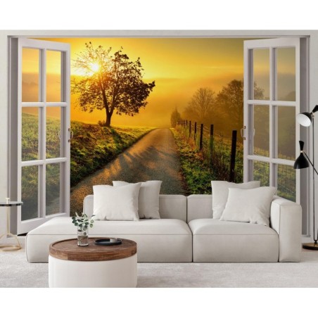 Fototapete - Fenster - Sonnenuntergang über der Straße | Feeby