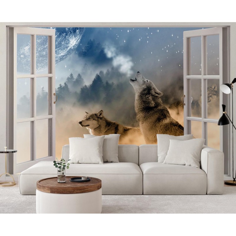 Najmodniejsze fototapety - Okno wilki las we mgle | FEEBY