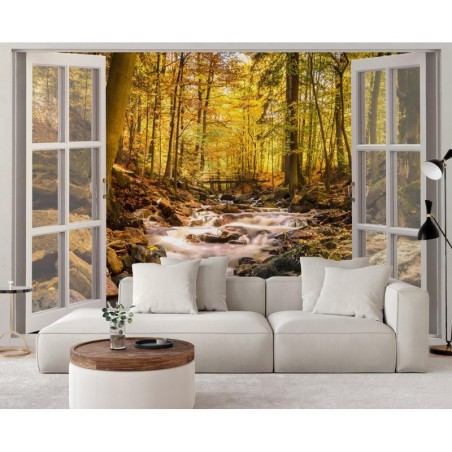 Modische Fototapete - Fenster - Wald Bach Natur | Feeby