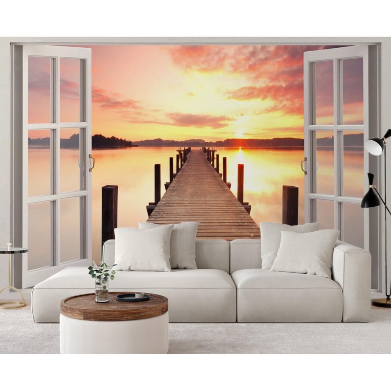 Najmodniejsze fototapety - Okno zachód słońca pomost | FEEBY