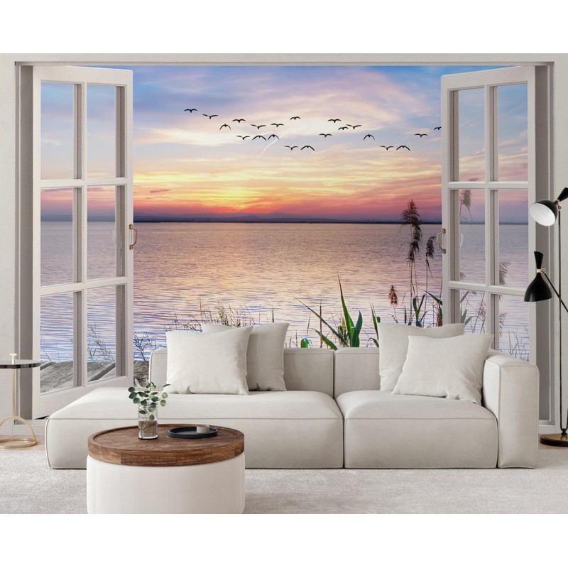 Fototapete - Fensterblick Sonnenuntergang Steg Landschaft | Feeby