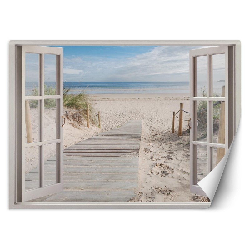 Moderne Fototapete - Fensterblick Strand Meer Natur | Feeby