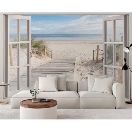 Moderne Fototapete - Fensterblick Strand Meer Natur | Feeby