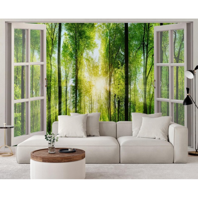 Fototapete - Fensterblick Sonnenstrahlen im Wald | Feeby