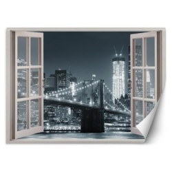 Fototapete - Fensterblick New York City Brooklyn Bridge schwarz weiß | Feeby