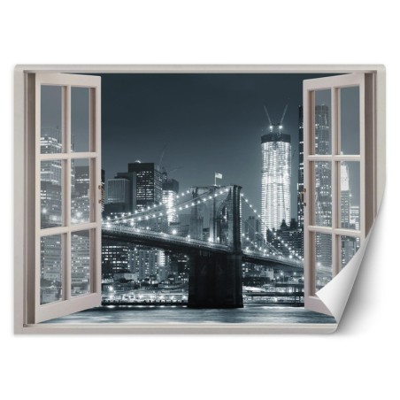 Fototapete - Fensterblick New York City Brooklyn Bridge schwarz weiß | Feeby