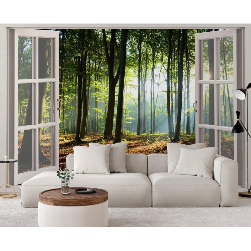 Fototapete - Fensterblick Morgen im Wald | Feeby