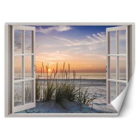 Fototapete - Fensterblick Sonnenuntergang am Strand | Feeby