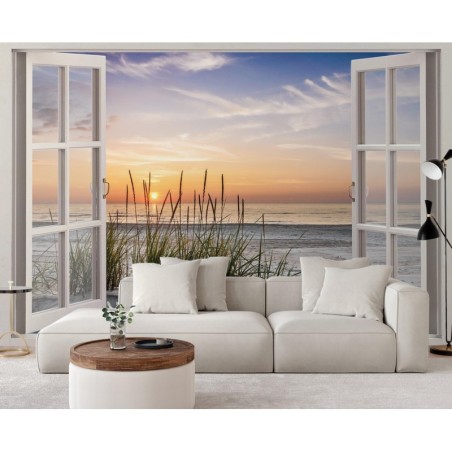 Fototapete - Fensterblick Sonnenuntergang am Strand | Feeby